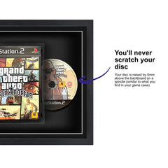 Grand Theft Auto San Andreas for PlayStation 2 displayed within a square frame, featuring a spindle for safely attaching and removing the game disc