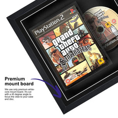 Grand Theft Auto San Andreas for PlayStation 2 displayed within a square frame, highlighted by a premium mount board to focus on the game