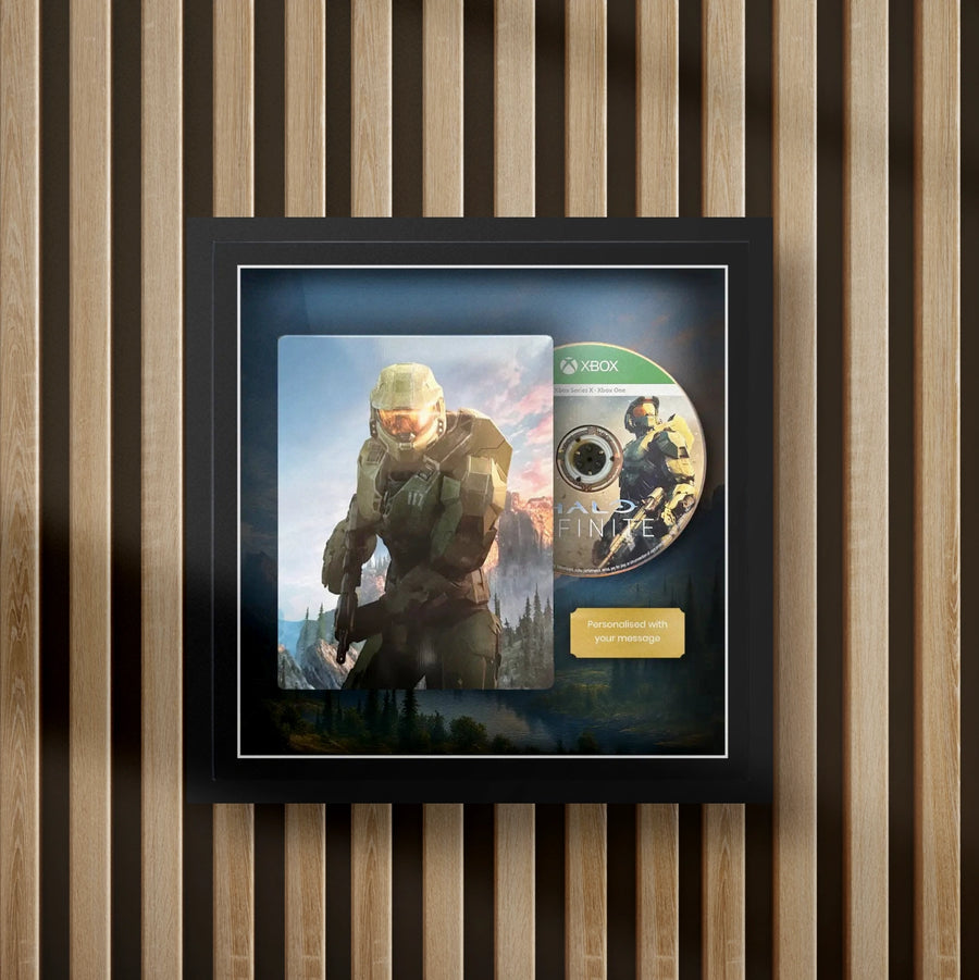 halo infinite steelbook display frame with full colour background on a slat wall