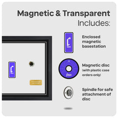Product packaging with magnetic and transparent components, including a base station, disc, and spindle for video games