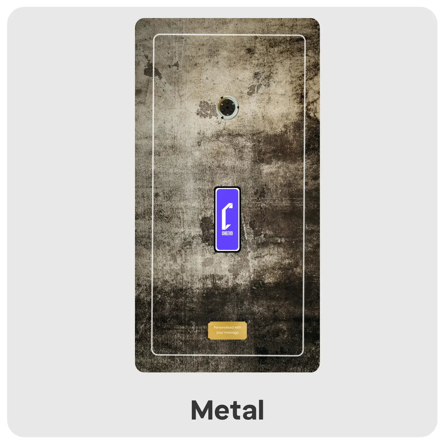 A rectangular metal panel with a distressed industrial texture in gray, brown, and black, featuring a central blue button with a white icon and the text 'Cheevo', plus a small gold label near the bottom. The word 'Metal' appears below on a light gray background.