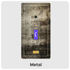 A rectangular metal panel with a distressed industrial texture in gray, brown, and black, featuring a central blue button with a white icon and the text 'Cheevo', plus a small gold label near the bottom. The word 'Metal' appears below on a light gray background.