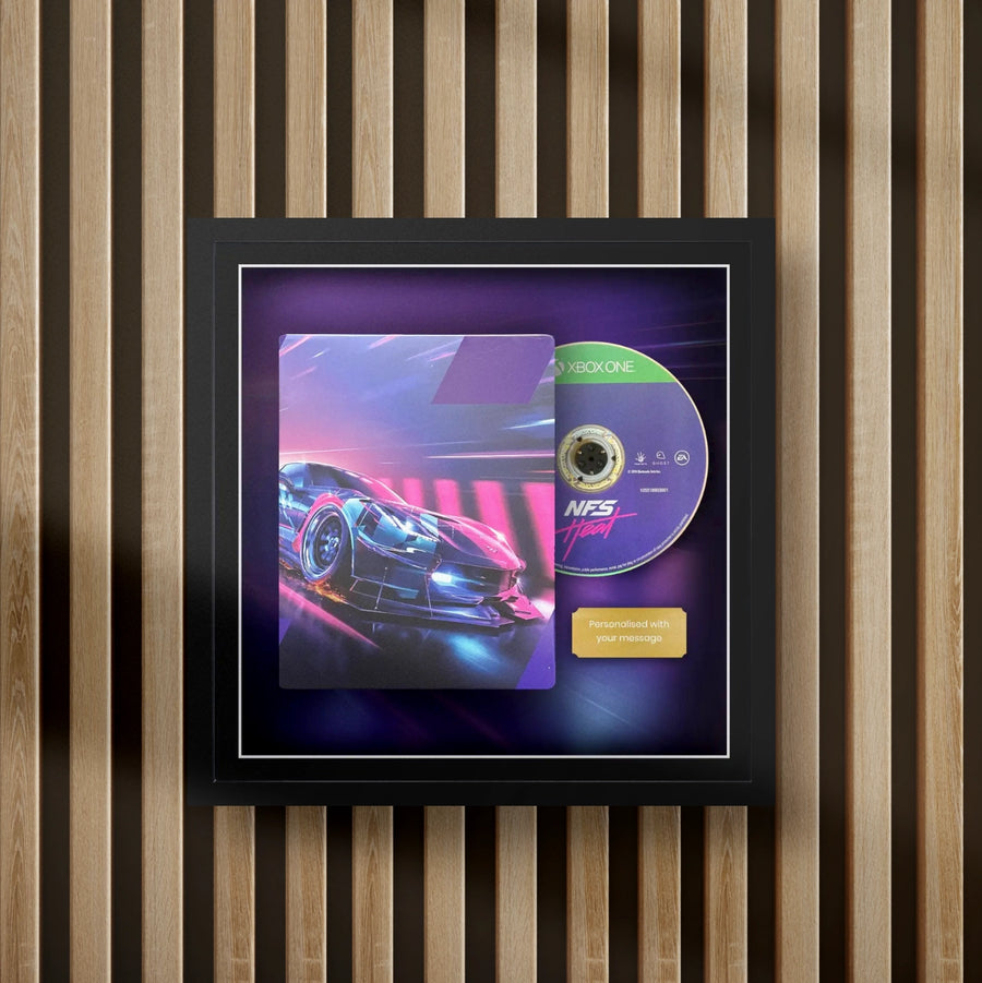 need for speed heat steelbook display frame with full colour background on a slat wall