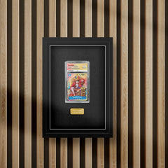 One piece ace graded trading card display frame on a slat wall