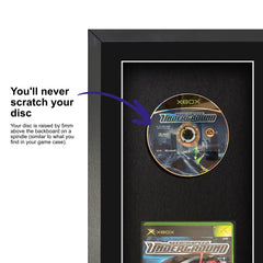 Frame your own Original Xbox game within a frame, featuring a spindle for safely attaching and removing the game disc