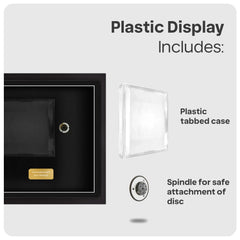Product information graphic for a plastic display case set, showing a black plastic inner display insert, a clear plastic tabbed case, and a spindle for disc attachment, with text reading 'Plastic Display Includes:' on a light gray background.