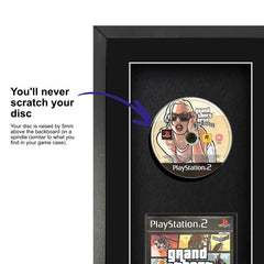 Frame your own PlayStation 2 game within this frame, featuring a spindle for safely attaching and removing the game disc