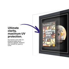 Frame your own PlayStation 2 game within this square frame equipped with UV protective glass to protect the game for years