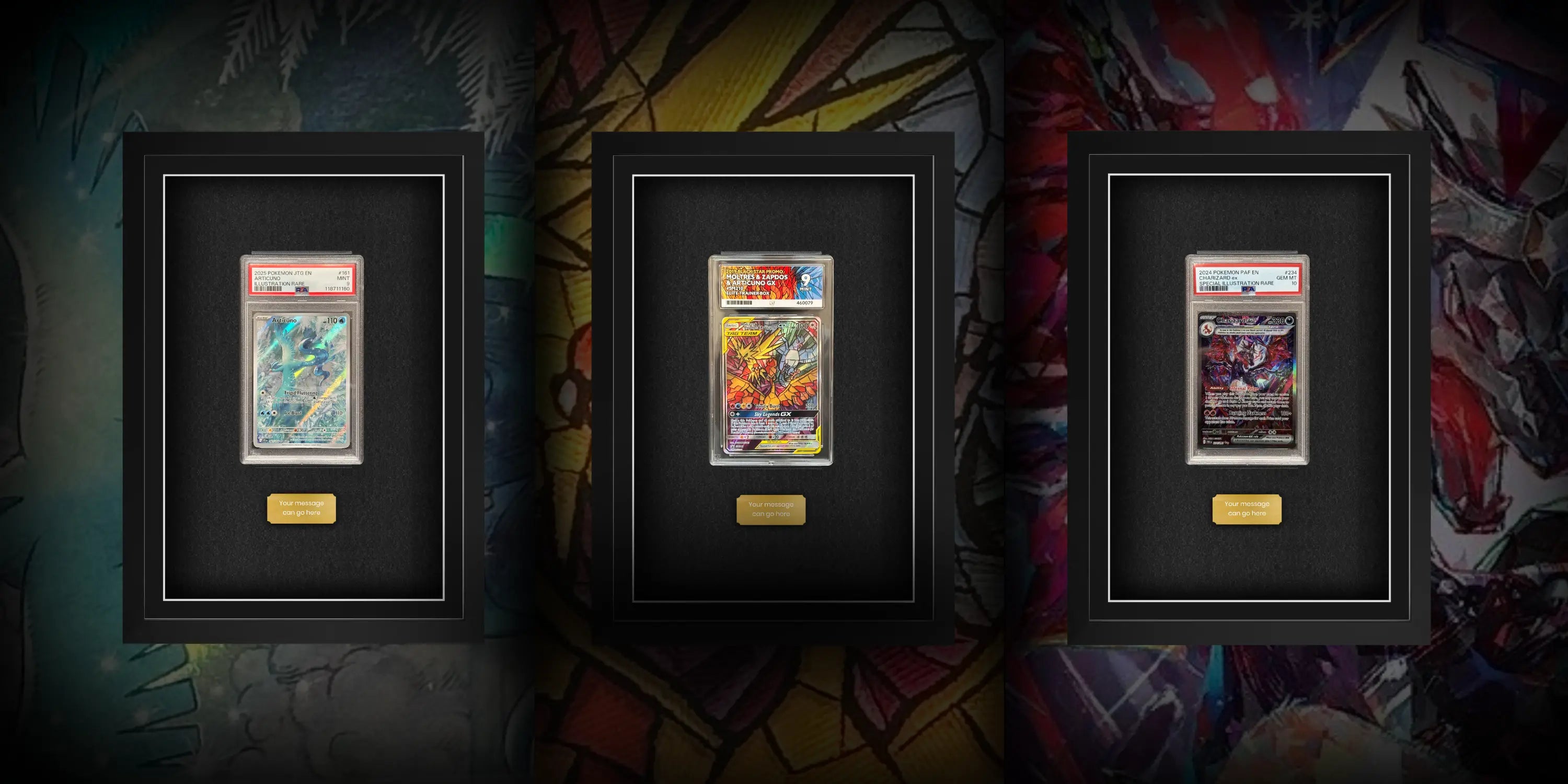 Three framed collectible cards for PSA an ACE grading slabs. Displayed in a frame by Cheevo