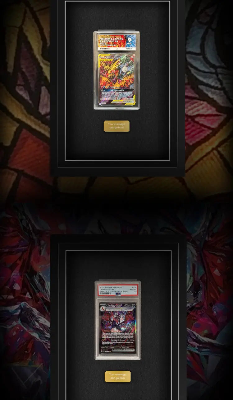 PSA graded and ACE graded pokemon card slabs inside of a display frame by Cheevo