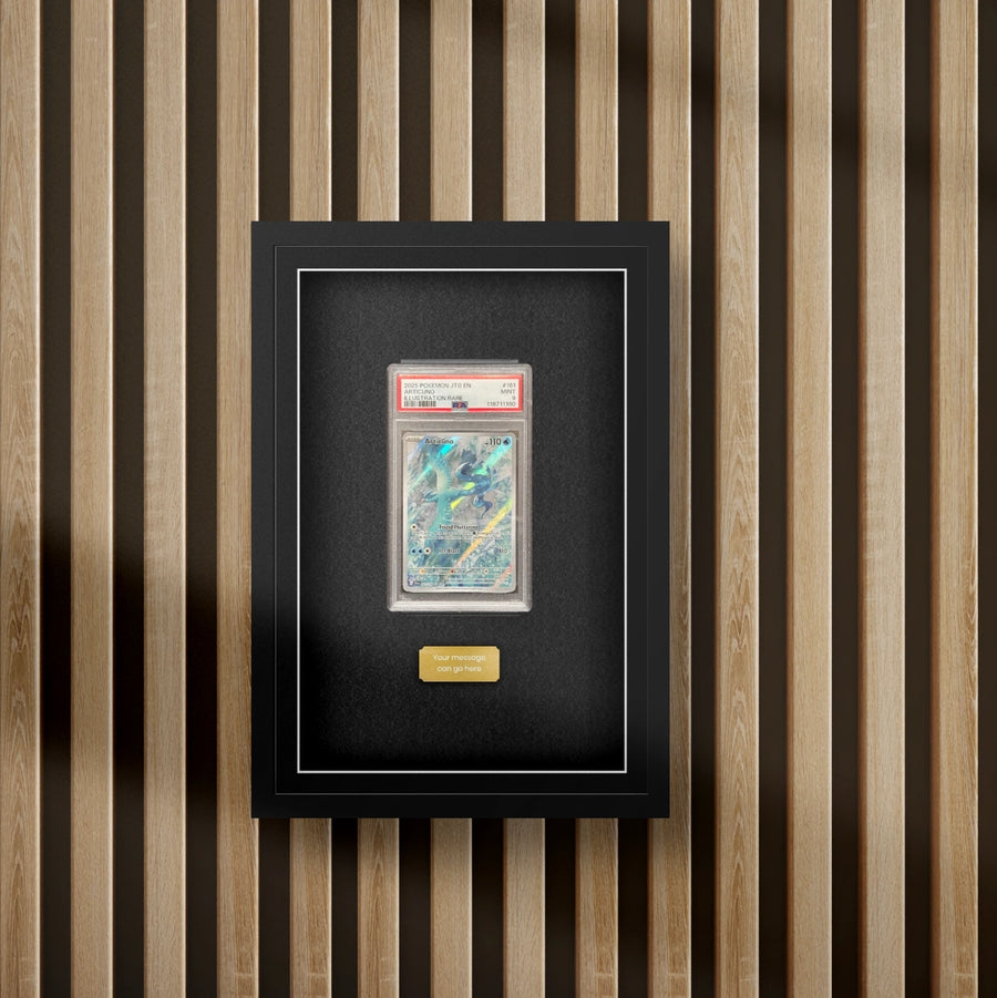 Pokemon psa graded trading card display frame on a slat wall