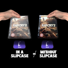 Two hands holding playstation 3 video games, one in a slipcase and one without, on a black background.