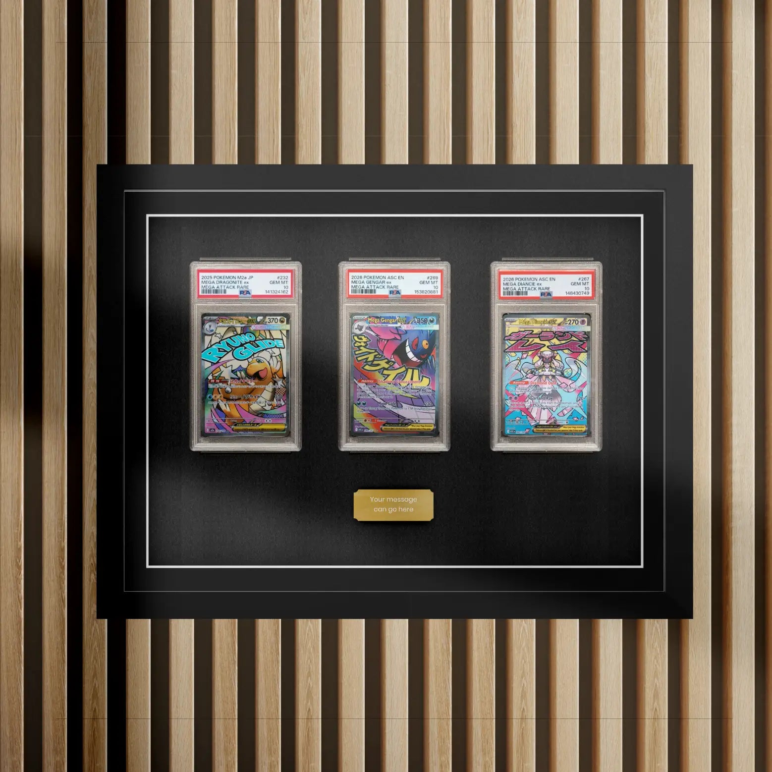 PSA graded picture frame holding three cards in plastic slabs, by Cheevo Ltd