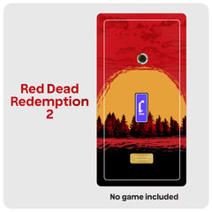 Red and yellow artwork with trees, a DVD spindle, purple Cheevo logo and gold plate with writing. Text reads Red Dead Redemption 2