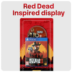 A PlayStation 4 game for Red Dead Redemption II displayed on a red-themed artwork, with a PS4 disc above it. Large red text at the top reads 'Red Dead Inspired display' on a light gray background.
