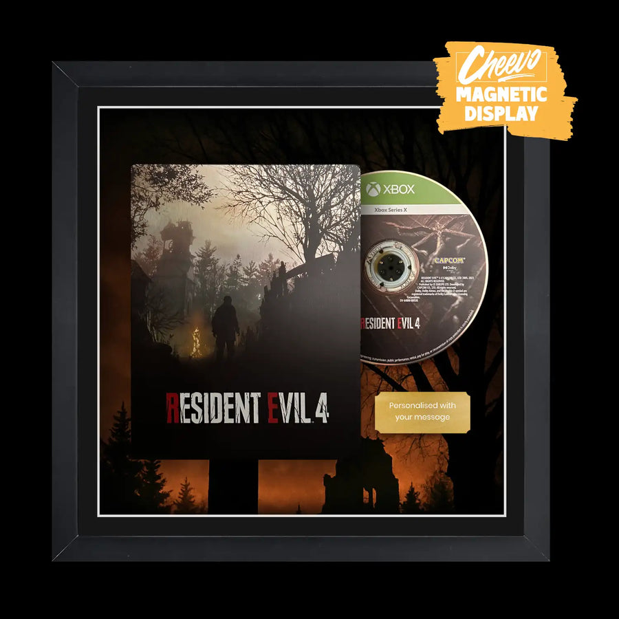 Framed 'Resident Evil 4' game case with disc and promotional text on a black background