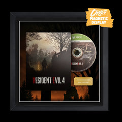 Framed 'Resident Evil 4' game case with disc and promotional text on a black background