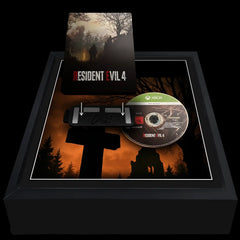Resident Evil 4 game disc and case on a black stand with a dark, eerie landscape design.