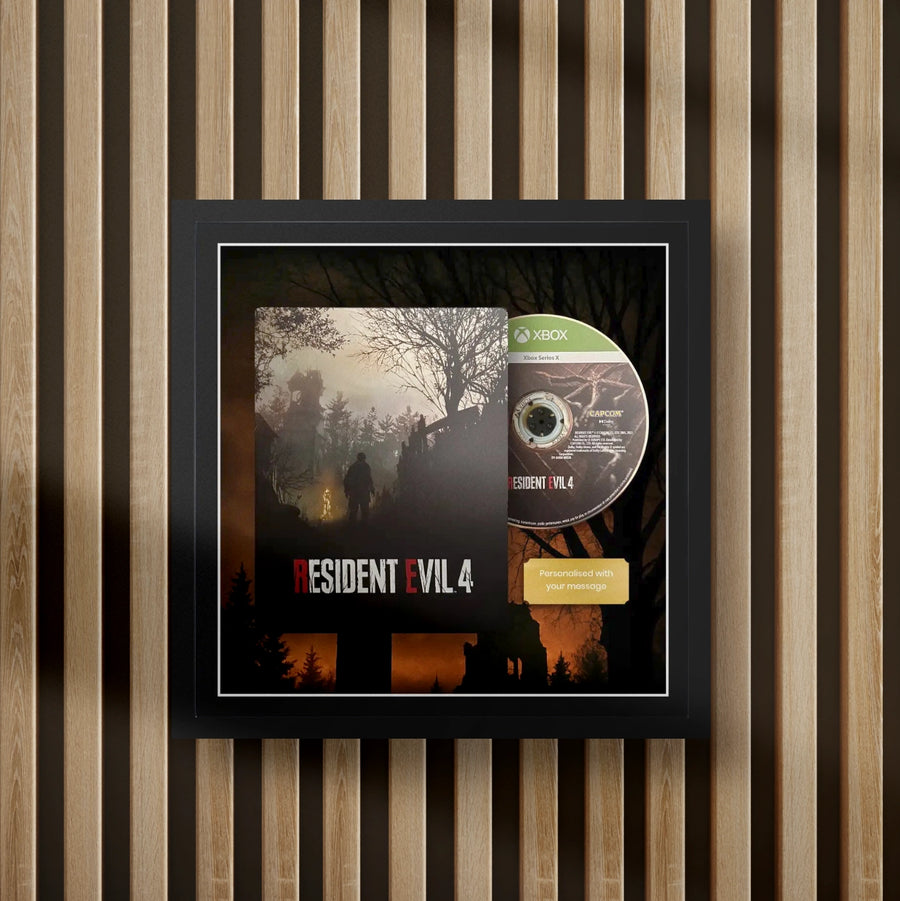 resident evil 4 steelbook display frame with full colour background on a slat wall