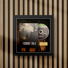 resident evil 4 steelbook display frame with full colour background on a slat wall