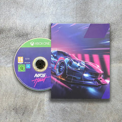 Game disc and cover for 'Need for Speed: Heat' on Xbox One on a textured surface