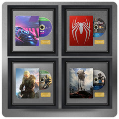 four frames in sequence showing video games NFS heat, Spiderman, Halo and Star Wars