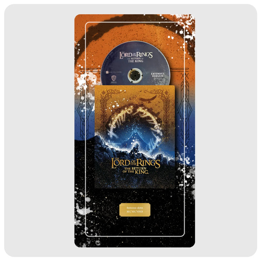 Lord of the Rings: The Return of the King 2023 limited edition steelbook case, featuring a custom orange-to-blue gradient cover with white speckled accents, a gold plaque at the bottom, and the included DVD-R disc and booklet visible inside.