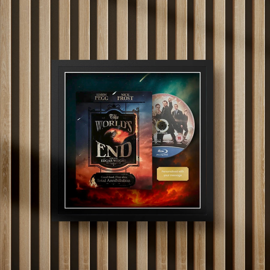 the worlds end steelbook display frame with full colour background on a slat wall