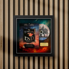 the worlds end steelbook display frame with full colour background on a slat wall