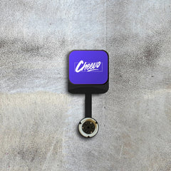 Display your video game or movie on a wall magnetically with 'Cheevo' logo on a textured gray background