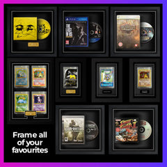 Display any physical media with cheevo display frames. Here an album by Ed Sheeran, the last of us for ps4, bioshock steelbook, charizard, pokemon cards, call of duty are displayed side by side.