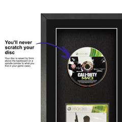 Frame your own Xbox 360 game within a frame, featuring a spindle for safely attaching and removing the game disc